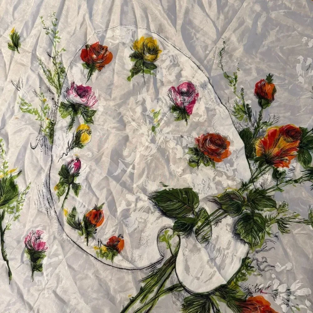 Printed Japan Yellow Silk Scarf Floral Rose Paint Art Yellow White Artist VTG